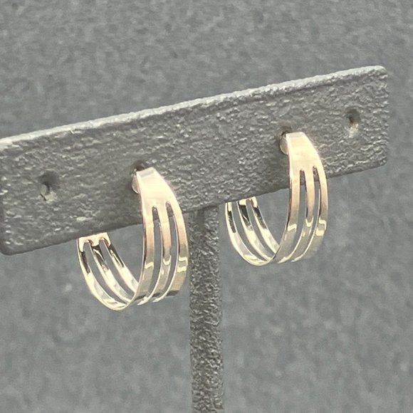 Hoop Pierced Earrings Silver Triple Shiny Simple Classic Retro Granny Soft Girl - Picture 2 of 6